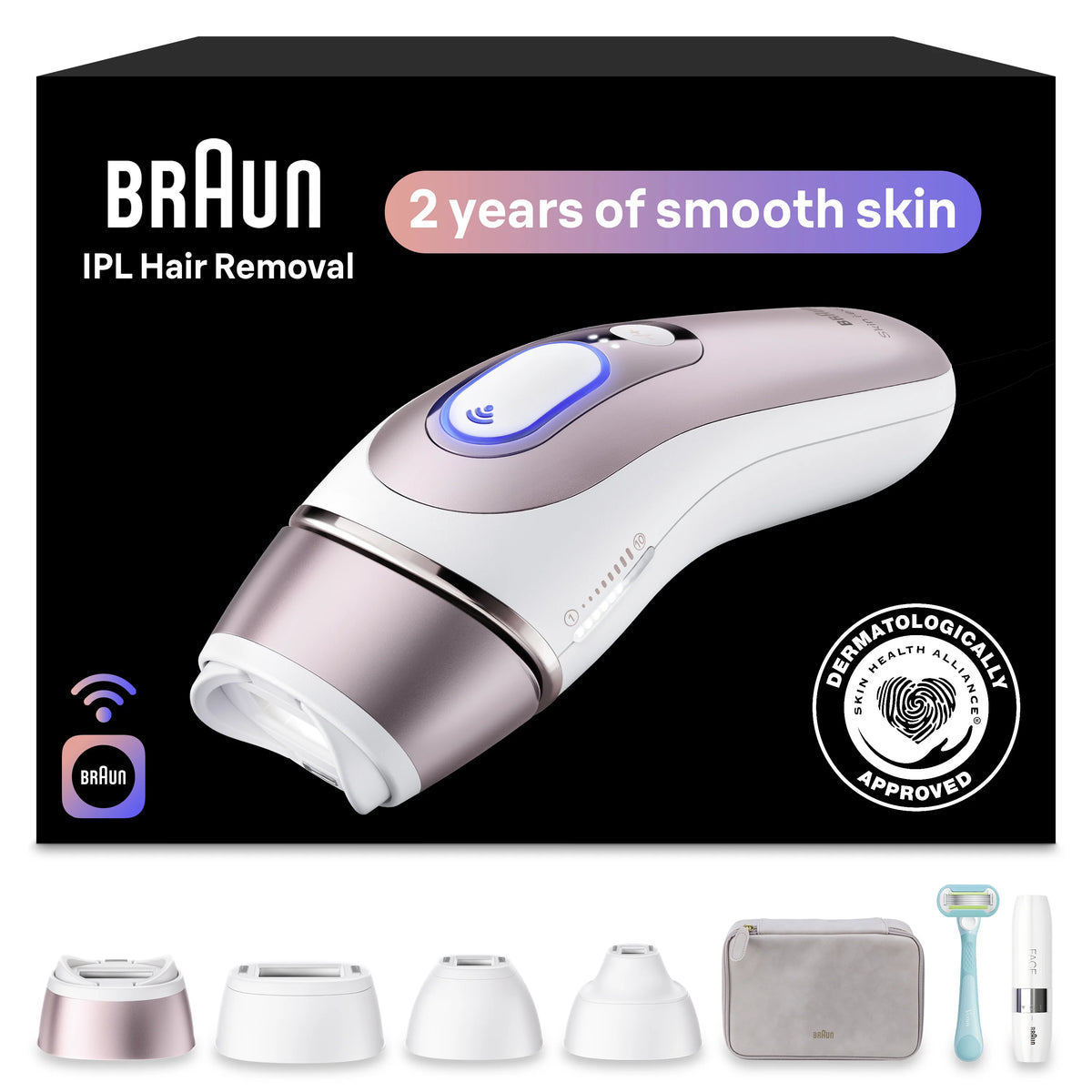 Braun Smart IPL, Skin i·Expert Pro 7: At Home Alternative to Laser Hair Removal with 4 Caps, Facial Hair Trimmer, and Leather Pouch, IPL7219
